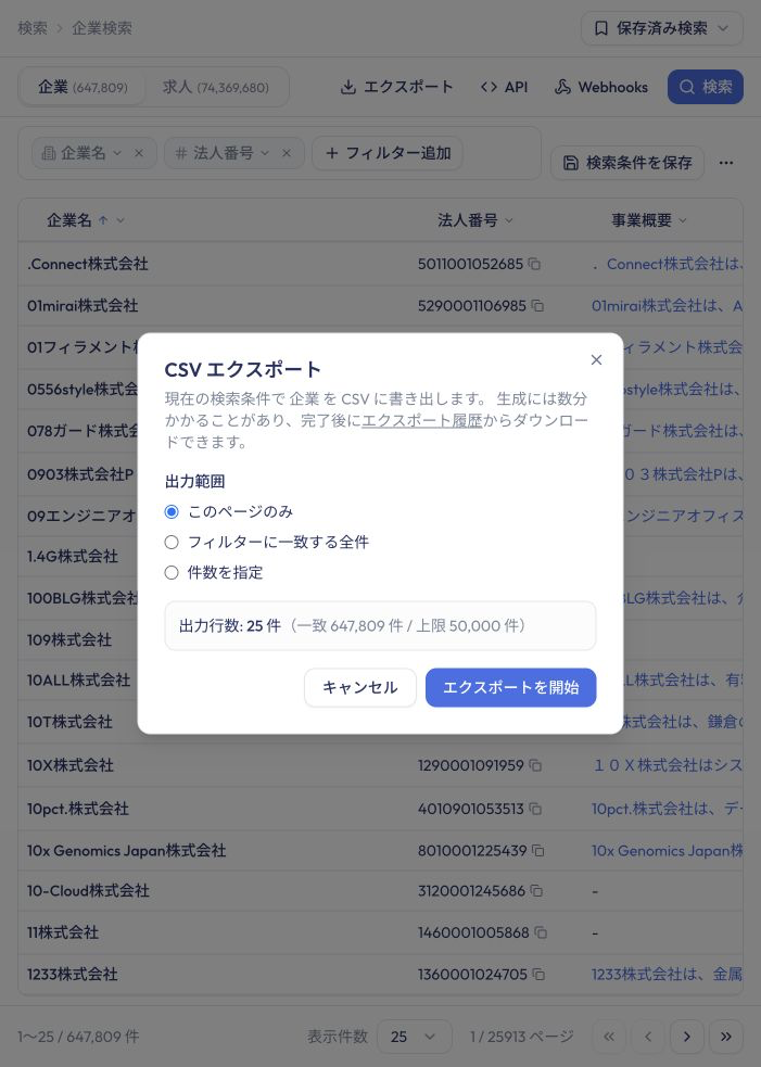 CSVエクスポートの出力範囲と出力行数を確認するダイアログ